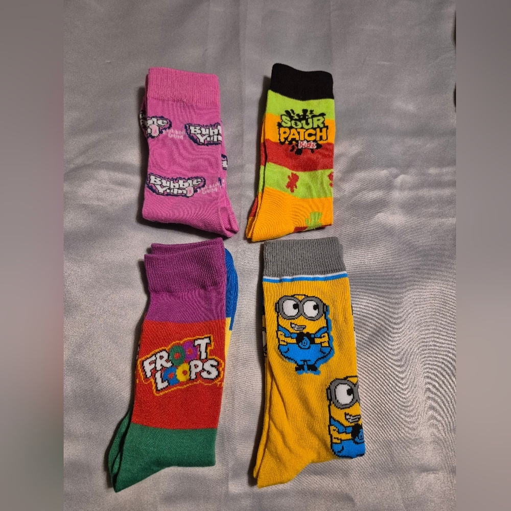 Bubble Yum, Sour Patch Kids, Froot Loops, and Minions Themed Socks Set